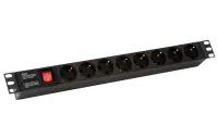 255002 Hyperline SHE19-8SH-S-IEC Блок розеток для 19" шкафов, горизонтальный, с выключателем с подсветкой, 8 розеток Schuko (10А), 250В, без кабеля пи