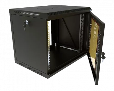 изображениеКТ-ШТНР-З-15U-600х450-СПЧ | Шкаф телекоммуникационный настенный разборный, боковые стенки на замках, 19" 15U 600x450 дверь стекло с перфорацией черный
