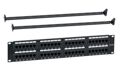 WRline WR-PL-48-C5E-D Патч-панель 19" (2U), 48 портов RJ-45, категория 5e, Dual IDC, с задним кабельным организатором, цвет черный
