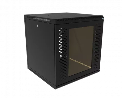изображениеКТ-ШТНР-З-12U-600х600-СПЧ | Шкаф телекоммуникационный настенный разборный, боковые стенки на замках, 19" 12U 600x600 дверь стекло с перфорацией черный