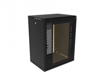 изображениеКТ-ШТНР-З-15U-600х450-СПЧ | Шкаф телекоммуникационный настенный разборный, боковые стенки на замках, 19" 15U 600x450 дверь стекло с перфорацией черный