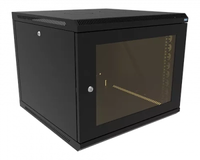 изображениеКТ-ШТНР-З-9U-600х600-СЧ | Шкаф телекоммуникационный настенный разборный, боковые стенки на замках, 19" 9U 600x600 дверь стекло черный