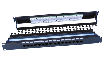 246105 Hyperline PP3-19-16-8P8C-C6-110D Патч-панель 19", 1U, 16 портов RJ-45, категория 6, Dual IDC, ROHS, цвет черный (задний кабельный организатор в