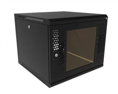 изображениеКТ-ШТНР-З-9U-600х600-СПЧ | Шкаф телекоммуникационный настенный разборный, боковые стенки на замках, 19" 9U 600x600 дверь стекло с перфорацией черный