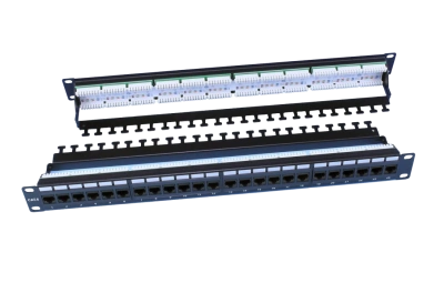 246107 Hyperline PP3-19-24-8P8C-C6-110D Патч-панель 19", 1U, 24 порта RJ-45, категория 6, Dual IDC, ROHS, цвет черный (задний кабельный организатор в