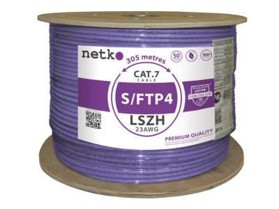 картинка кабель s/ftp4 cat.7, 4 пары, 23 awg bc, экранированный, 305м, нг(а)-hf lszh - малодымный, не содержащий галогенов; фиолетовый; одножильный, fluke test, netko expert скс