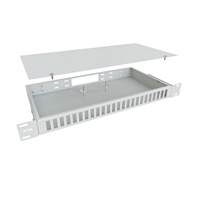 Кросс NTSS оптический 19'' частично укомплектованный 1U, 24 порта LC quadro (сплошная панель, сплайс-кассета-3шт) серый RAL 7035