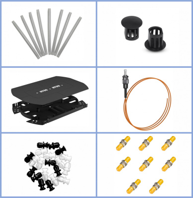 Кросс NTSS оптический настенный Мини, укомплектованный, 4 порта ST/UPC, 62.5/125 мкм (планка, ложемент, пигтейлы, КДЗС, адаптеры) серый RAL 7035
