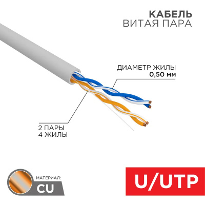 картинка кабель витая пара u/utp, cat 5e, pvc, 2pr, 24awg, indoor, solid, серый, 305м, рф rexant