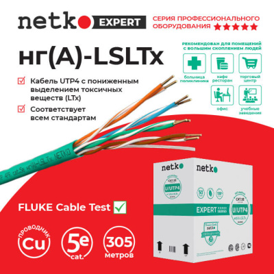 картинка кабель u/utp4 cat.5e, 4 пары 24 awg bc, 305м, нг(а)-lsltx, зеленый; одножильный, fluke test, netko expert скс