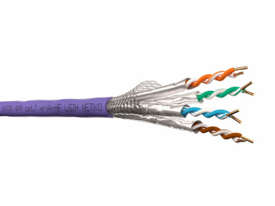 картинка кабель s/ftp4 cat.7, 4 пары, 23 awg bc, экранированный, 305м, нг(а)-hf lszh - малодымный, не содержащий галогенов; фиолетовый; одножильный, fluke test, netko expert скс