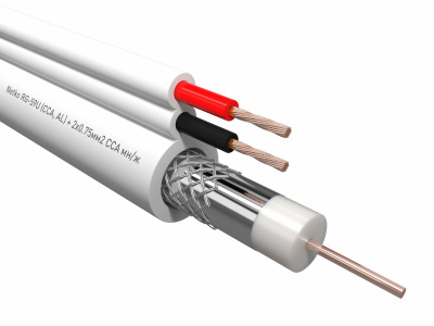 Кабель коаксиальный Netko RG-59U, 75 Ом (CCA, оплетка 32 нити AL) + кабель питания 2x0.75мм2 (CCA, многожильный), белый (100м)