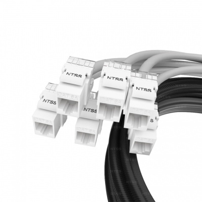 Кабельная сборка NTSS PREMIUM 6pc, UTP CAT6A, оконцована разъемами KEYSTONE RJ45 UTP CAT6A, заделка в чулке, вывод 0.6м, длина 2м, LSZH, серый