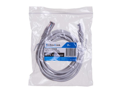 Патч-корд Technolink "C" UTP4 cat.5е, 3.0м, CCA, LSZH, серый, литой коннектор