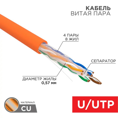 картинка кабель внутренний медный витая пара u/utp, cat 6, lszh нг(а)-hf, 4pr, 23awg, solid, оранжевый, 305 м, rexant